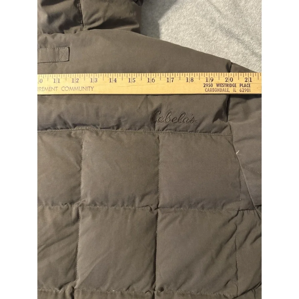 Cabela's Goose Down Quilted Puffer Parka Jacket Hooded Brown Fleece Lined Mens M